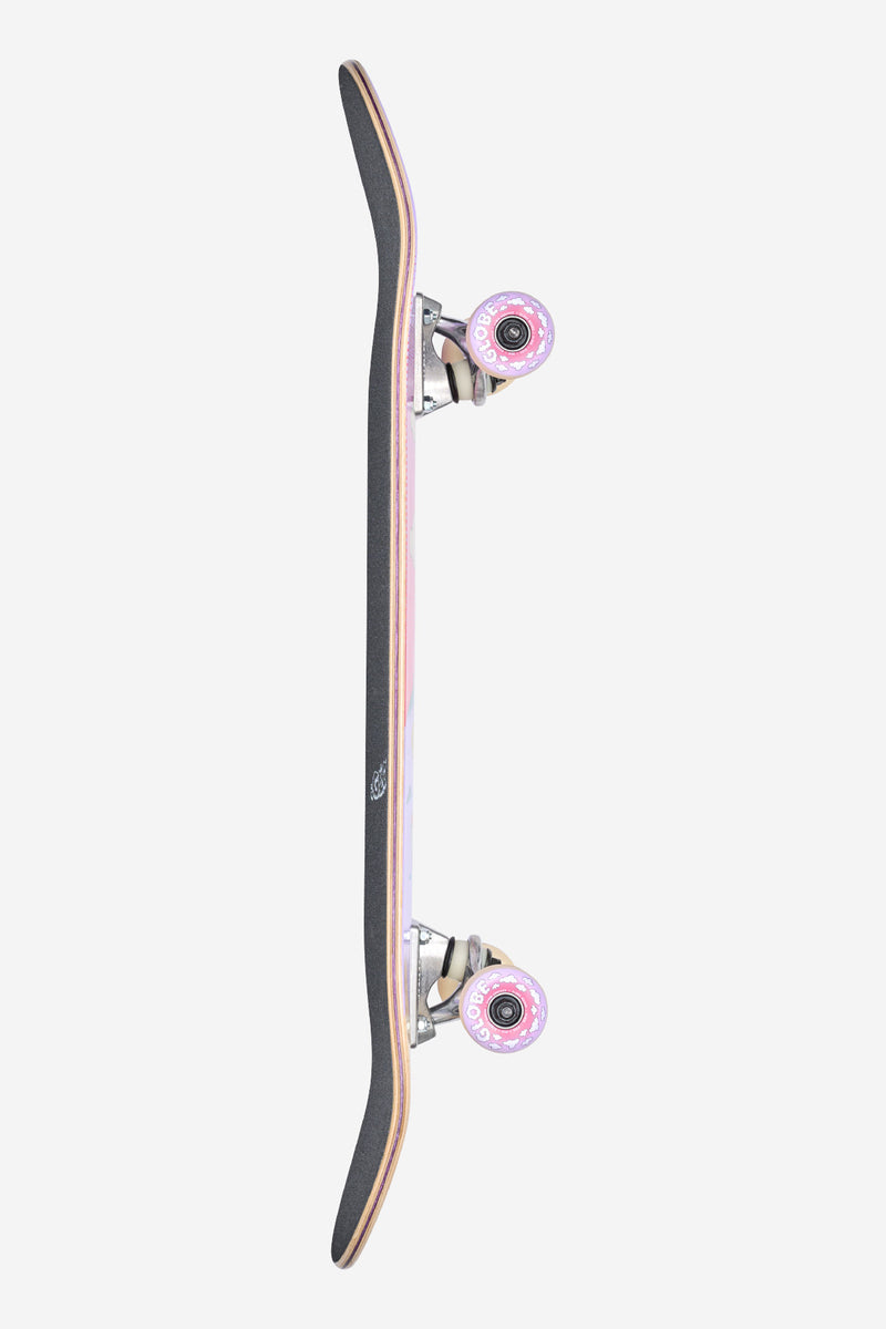 Side profile of a Peace Man Kids Wide Mid Complete skateboard with an 8.25 inch deck purple trucks and pink wheels