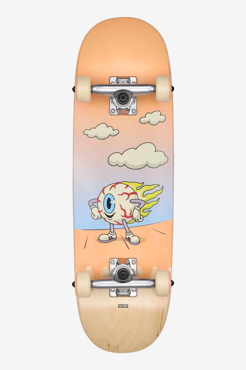 Top view of the Kids Wide Mini 7.9 Flaming Eye skateboard with an orange gradient deck, cloud graphics, and cream wheels