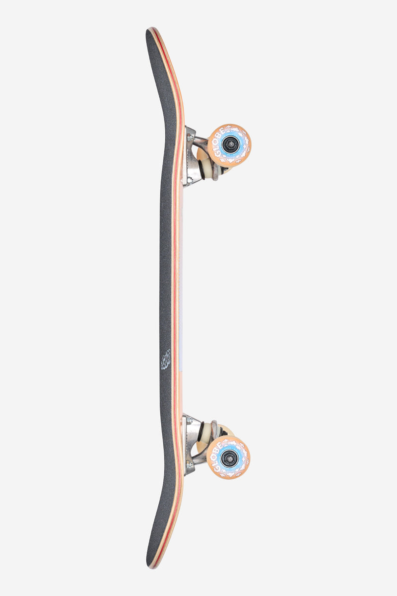 Bottom view of the Flaming Eye Kids Wide Mini 7.9 skateboard with dark underside, Globe logo and exposed silver trucks with peach wheels