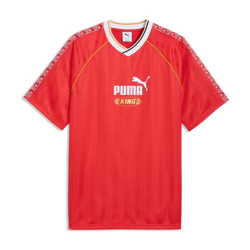 Mens red soccer jersey with white V-neck and yellow piping, Puma King logo
