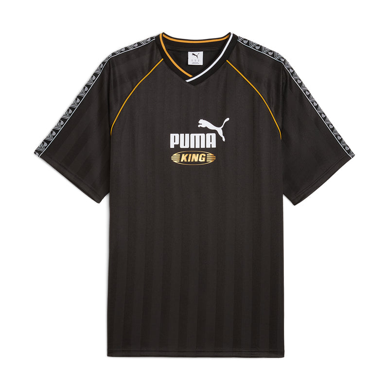 Men's black relaxed soccer jersey with V-neck, yellow trim, and Puma King logo
