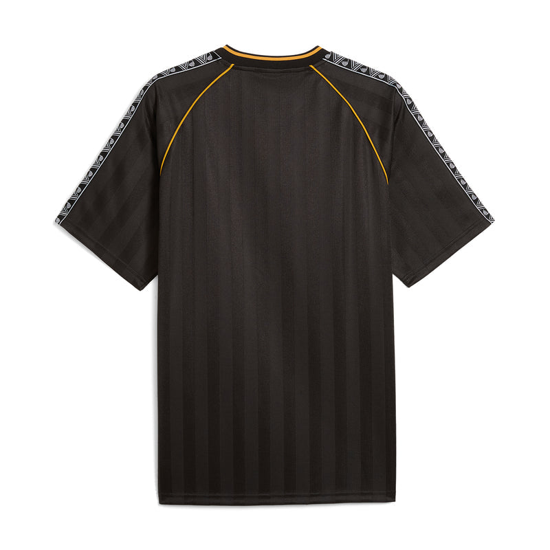 Black soccer jersey with yellow side seams and patterned shoulder sleeves