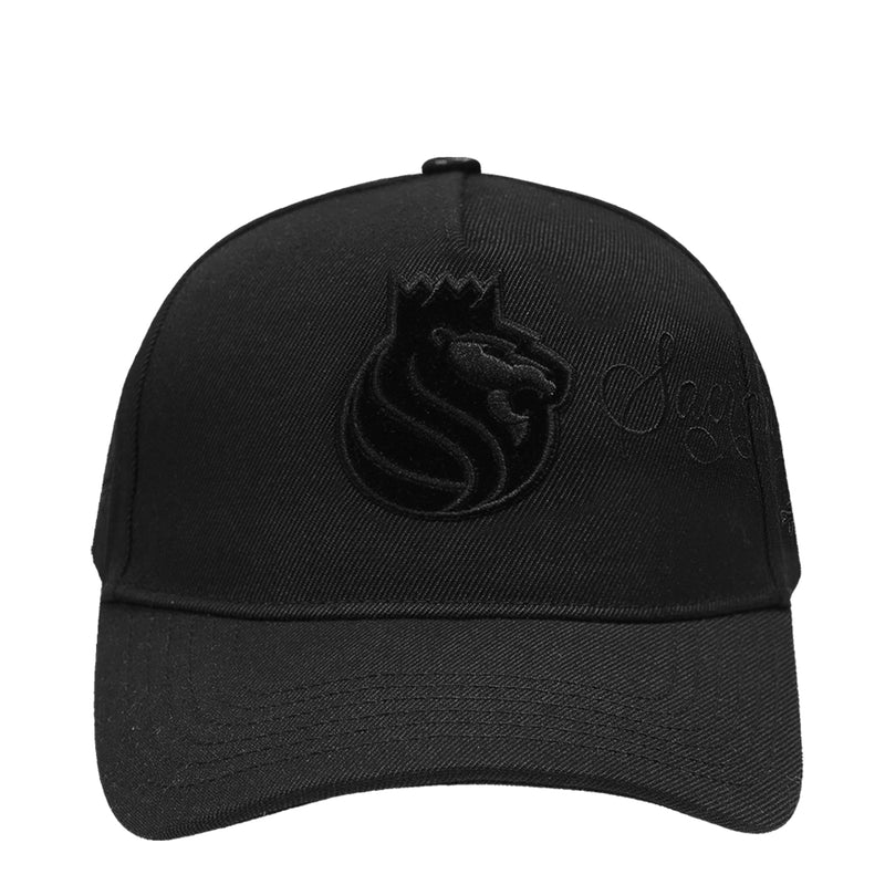 Black low-profile snapback hat with embroidered flame-style logo on front panel
