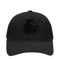 Black low-profile snapback hat with embroidered flame-style logo on front panel
