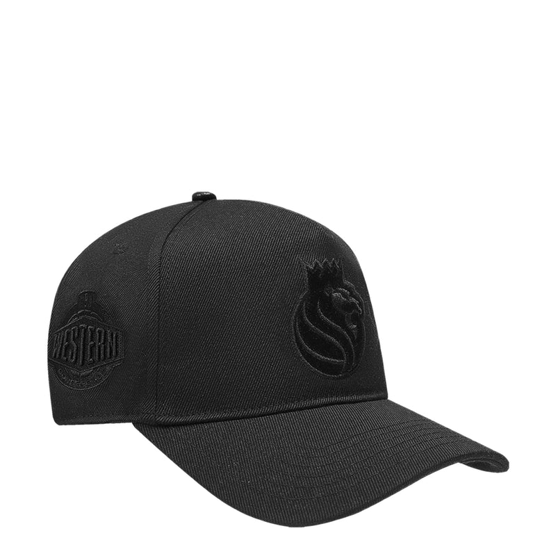 Black low-profile snapback hat with side embroidered crest and flame logo