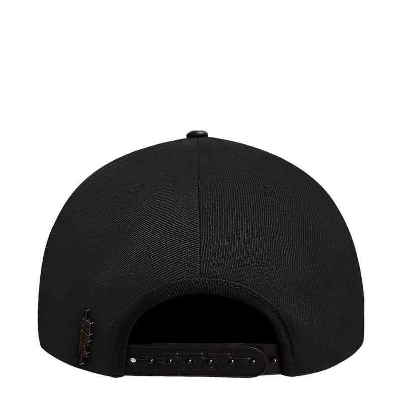 Black low-profile snapback hat back view with adjustable strap and small logo patch