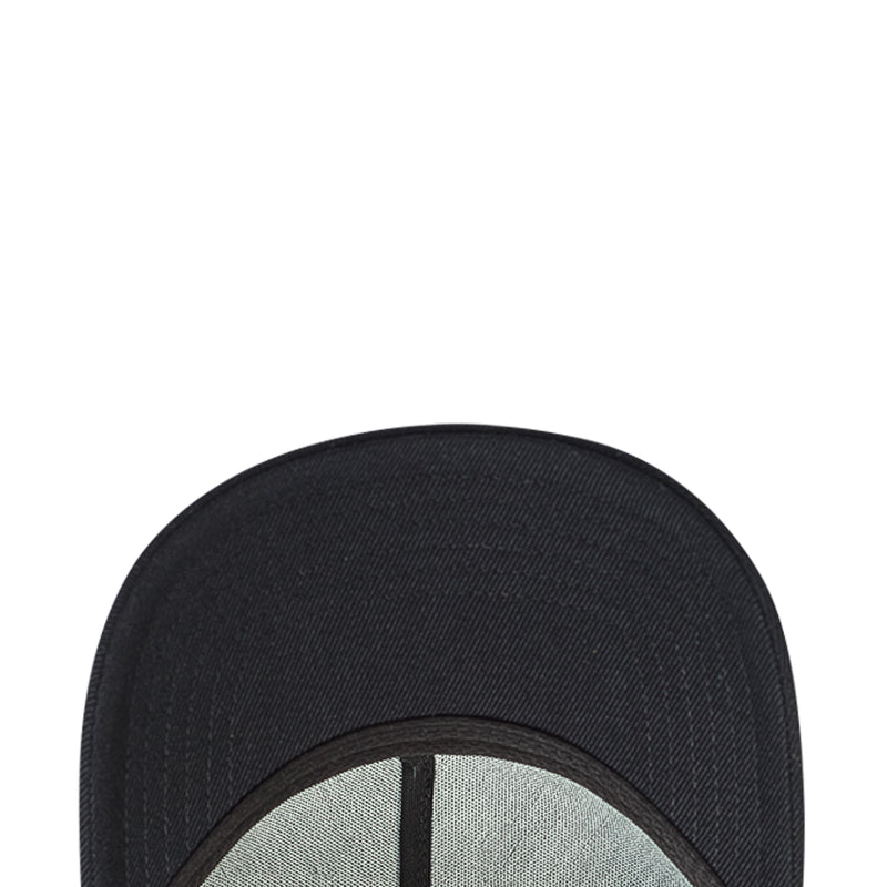 Black snapback hat interior view of crown opening and stitched brim edge