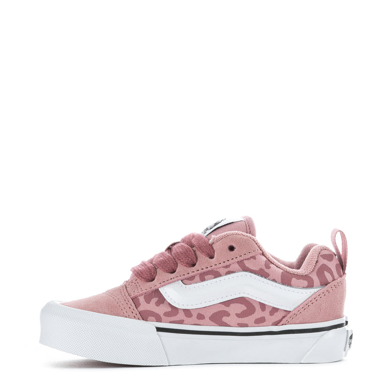 Kids low-top sneakers, pink leopard upper with white side stripe and thick white sole