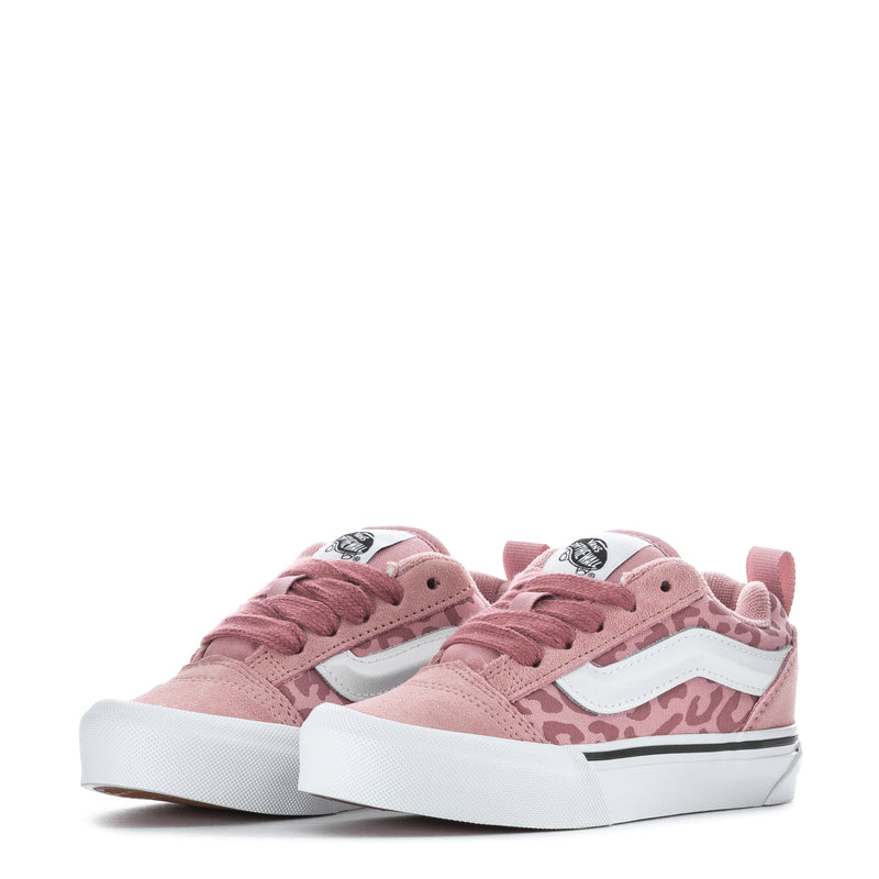 Pair of kids low-top sneakers in pink leopard print with pink laces and white midsoles