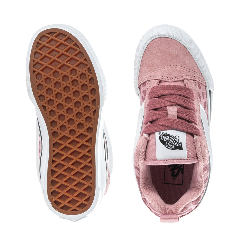 Kids pink leopard sneakers, toe and inner lining view with lace-up closure