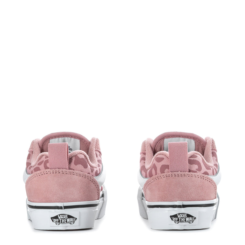 Kids pink leopard sneakers, heel view with padded collar and Vans Off The Wall logo