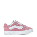 Toddler pink suede lace-up sneakers with white stripe and rubber sole