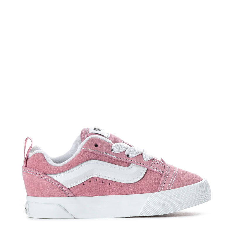 Toddler pink suede lace-up sneakers with white stripe and rubber sole