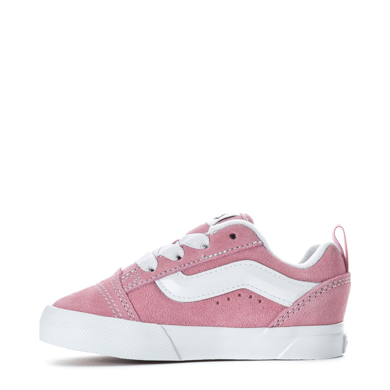 Toddler pink suede lace-up sneakers with white wavy stripe and padded collar