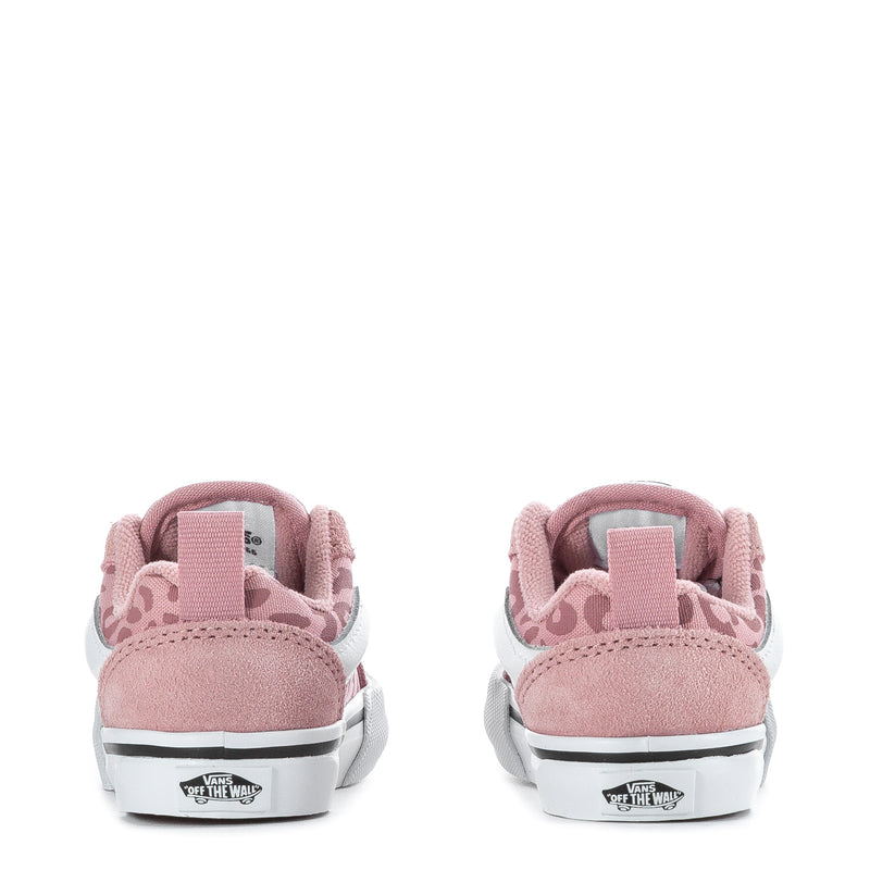 Toddler sneakers back view in dusty pink suede with white midsoles and heel tabs