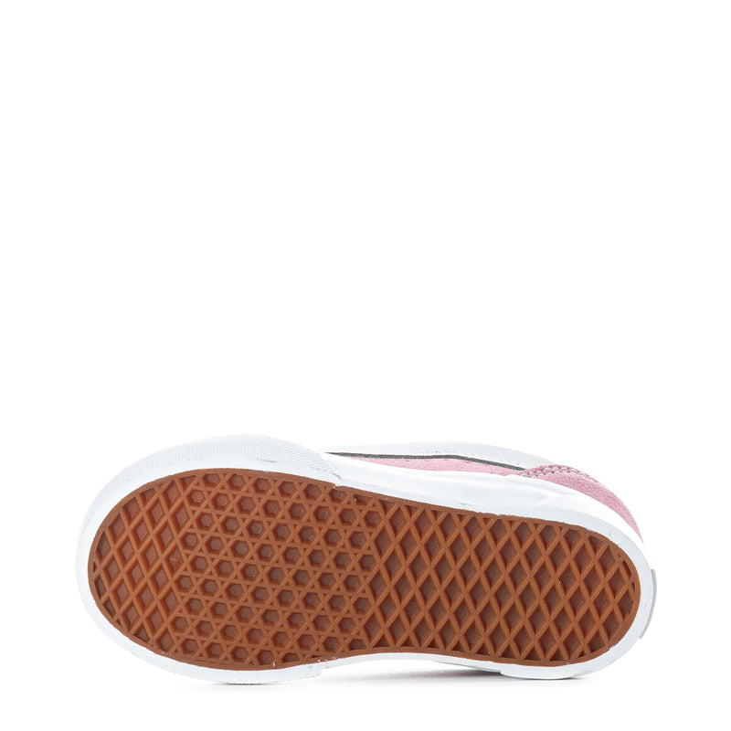 Toddler pink suede sneaker outsole with textured grip tread