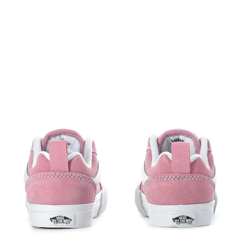 Toddler pink suede sneakers with white midsoles and heel pull tab