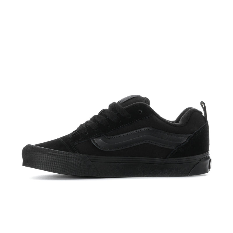 Women's Knu Skool sneakers in dark triple black suede, side profile lace-up