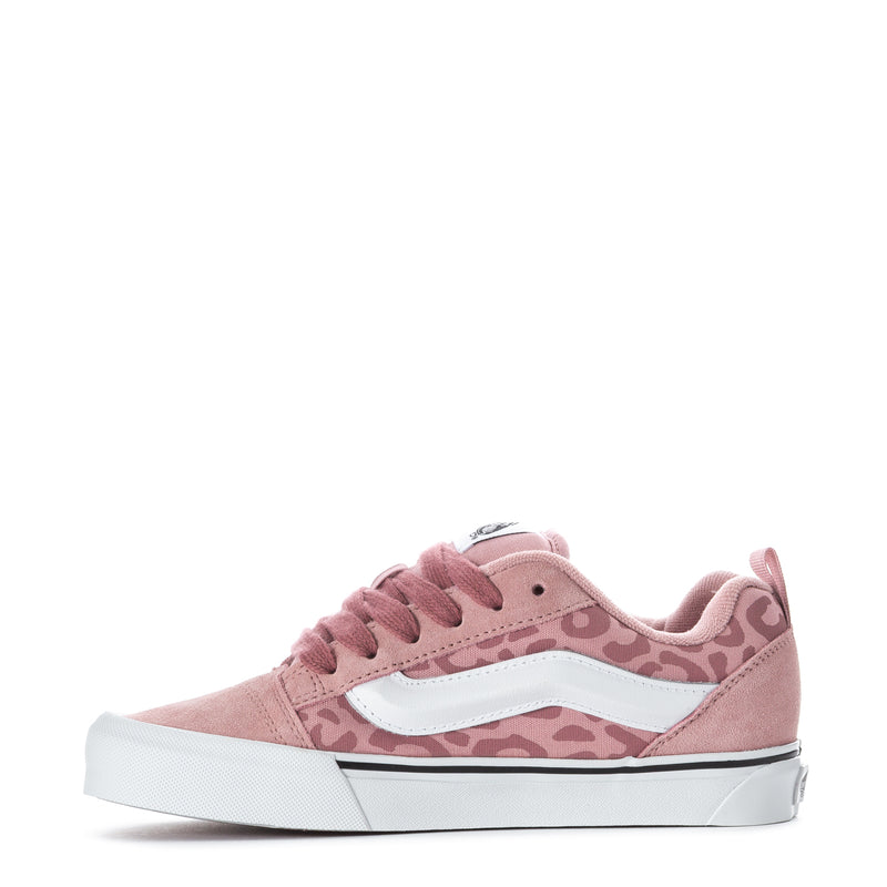Youth pink suede sneakers with leopard pattern, white wavy stripe, lace-up