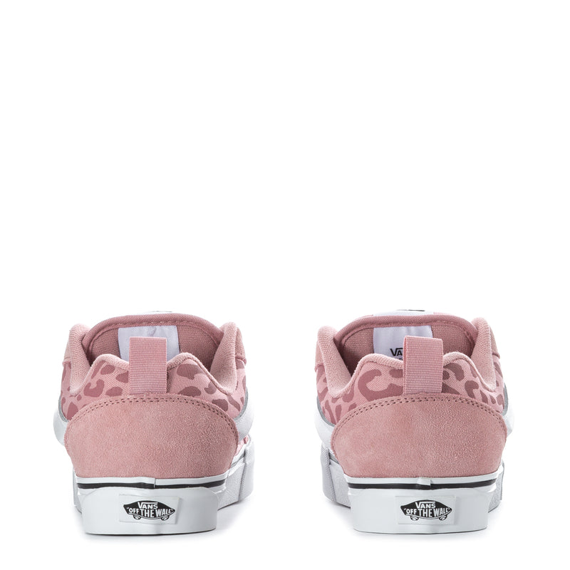 Youth pink leopard-print sneakers with white midsoles and Vans heel label