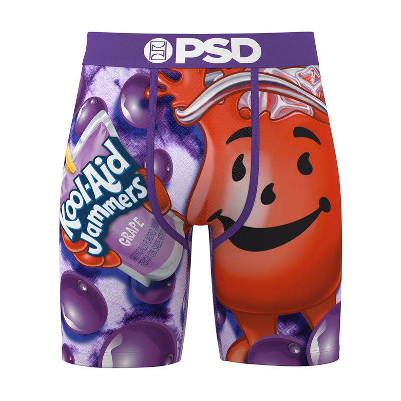 Men's printed boxer briefs with purple and orange cartoon character design