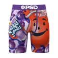 Men's printed boxer briefs with purple and orange cartoon character design