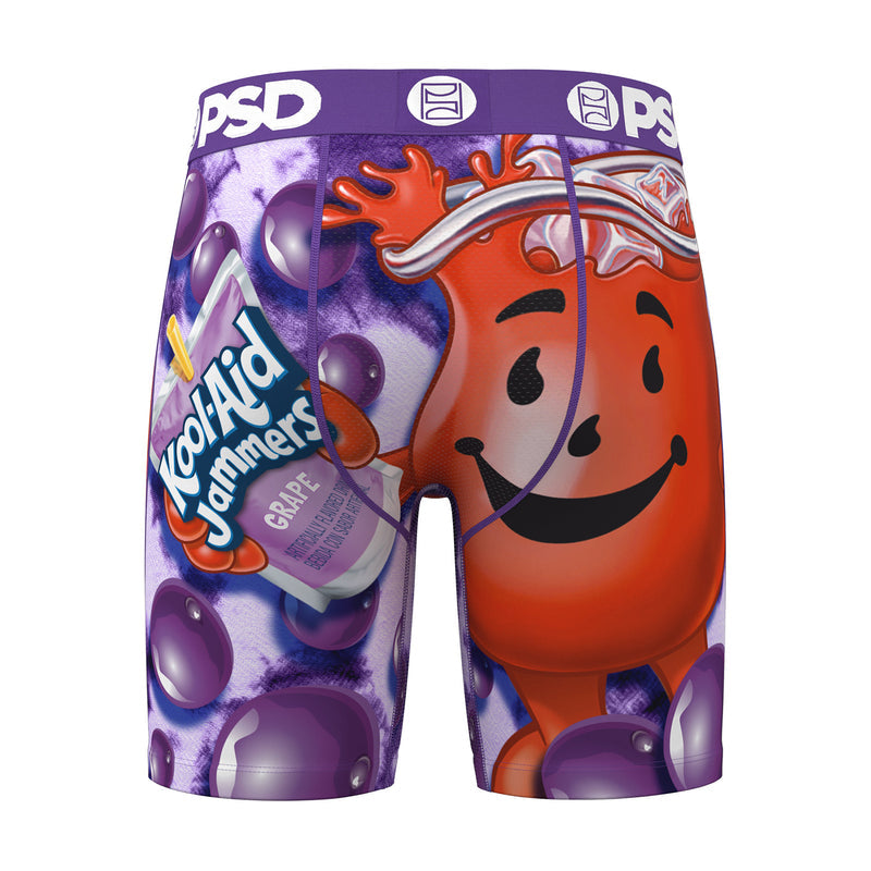 Men's printed boxer briefs with purple grape can graphic and orange character art