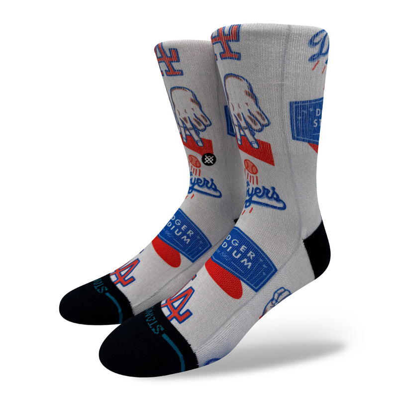 Grey crew socks with Dodgers icons, blue LA logo, red details, black toe/heel