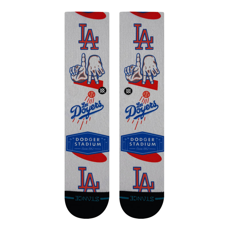 Grey crew socks with Dodgers logo, red LA cap mark, blue Dodger Stadium label, black toe