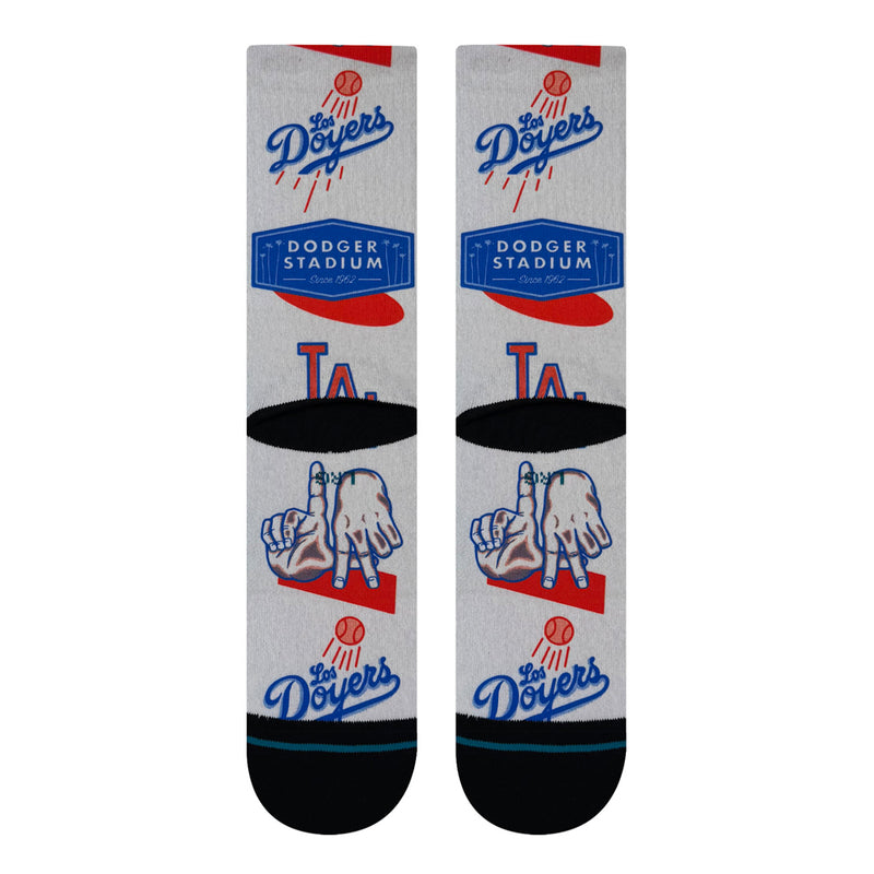 Grey crew socks with blue Dodgers script and Dodger Stadium patch, red LA logo, black cuffs