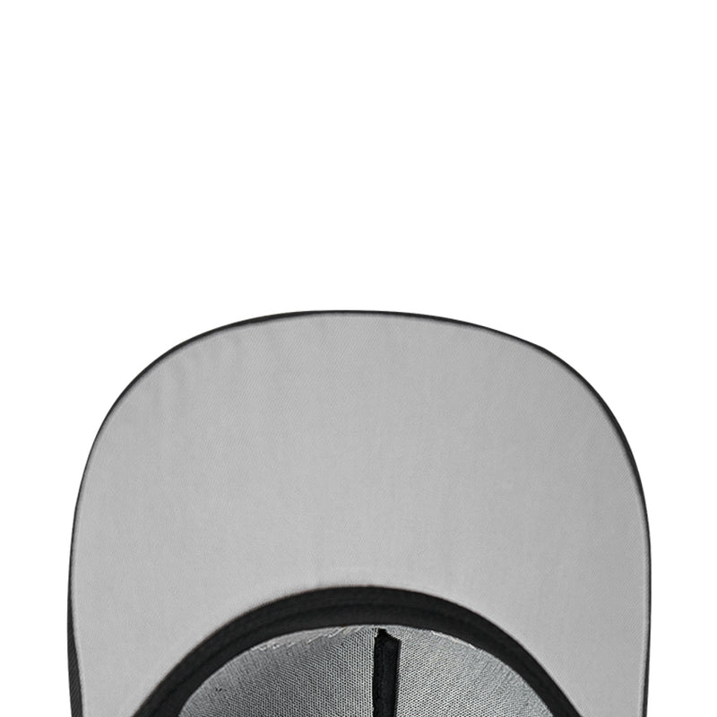 Washed black snapback cap interior under the brim