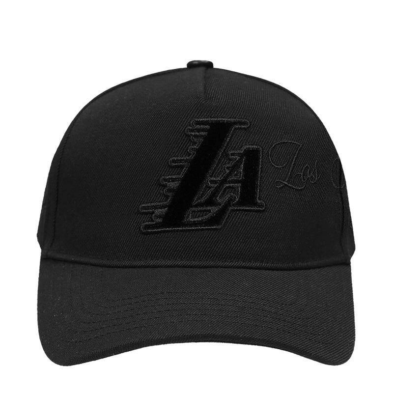 Black snapback cap with embroidered Lakers “L” logo on the front panel.