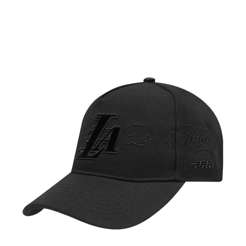 Black snapback cap with embroidered front logos and curved brim.