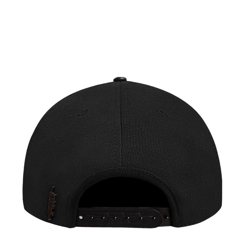 Black snapback cap back view with stitched panels and adjustable snap strap.