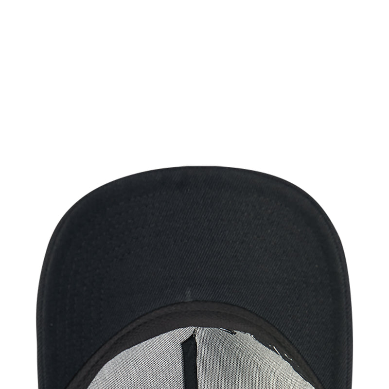 Black snapback cap interior opening view with stitched inner seam at crown.