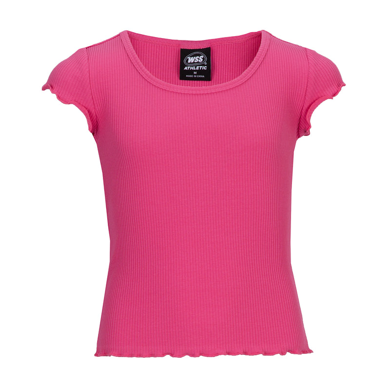 Fuchsia youth lettuce-edge tee, ribbed crew neck and scalloped hem