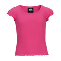 Fuchsia youth lettuce-edge tee, ribbed crew neck and scalloped hem