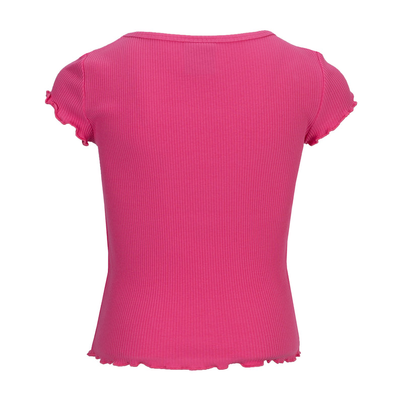 Fuchsia youth lettuce-edge tee, short sleeves and scalloped hem (back view)