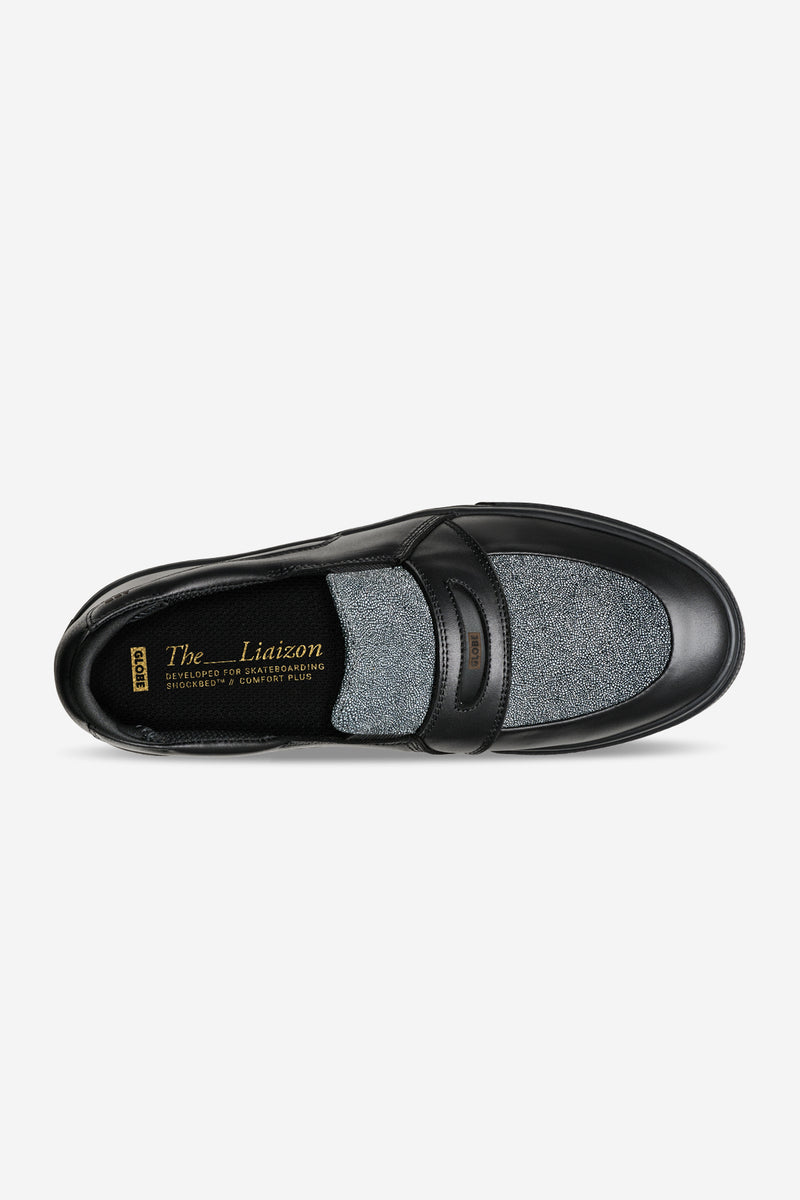 Top view of Liaizon black stingray skate loafer with metallic textured panel and midfoot strap