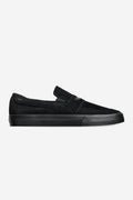 Liaizon black suede slip-on skate shoe side view with strap and rubber sole