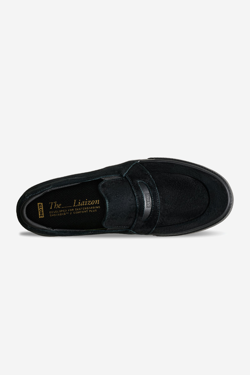 Top view of Liaizon black suede slip-on skate shoe with strap and stitching details
