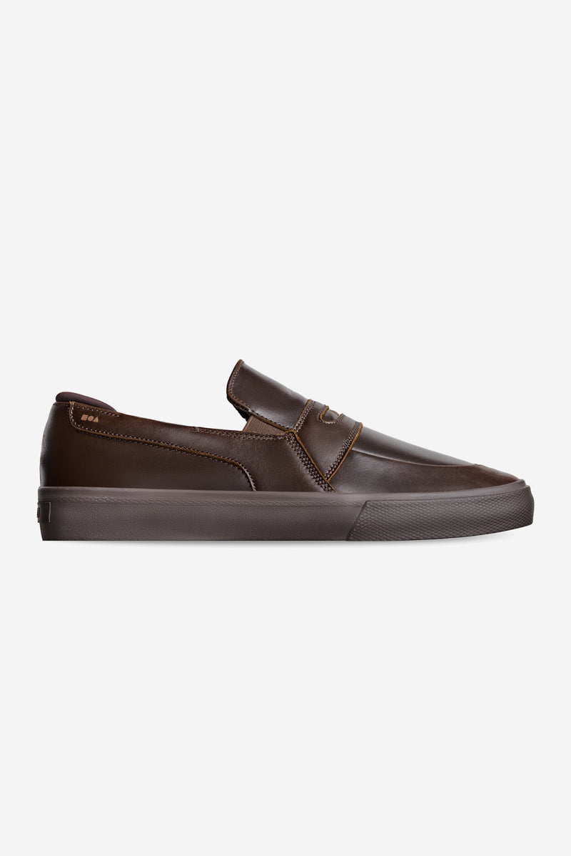Liaizon Dark Brown vulcanized slip-on skate shoe with penny strap and clean stitching.