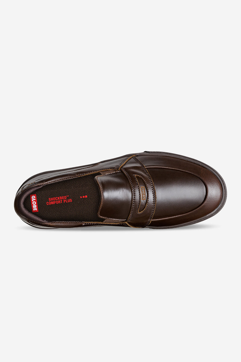 Liaizon brown slip-on skate loafer shown from the side with smooth leather and minimal stitching.