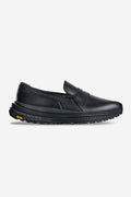Side profile of black Liaizon Vibram loafer with full grain leather upper and rugged Vibram sole