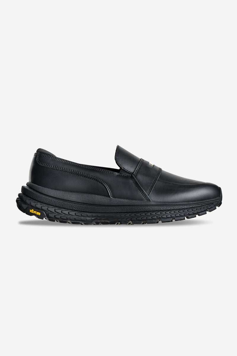 Side profile of black Liaizon Vibram loafer with full grain leather upper and rugged Vibram sole