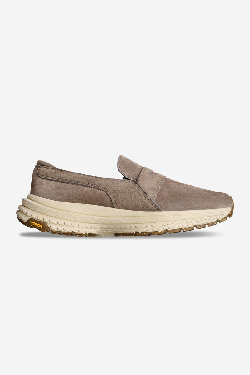Liaizon Vibram Walnut loafer in pigskin suede with a beige Vibram sole, side view