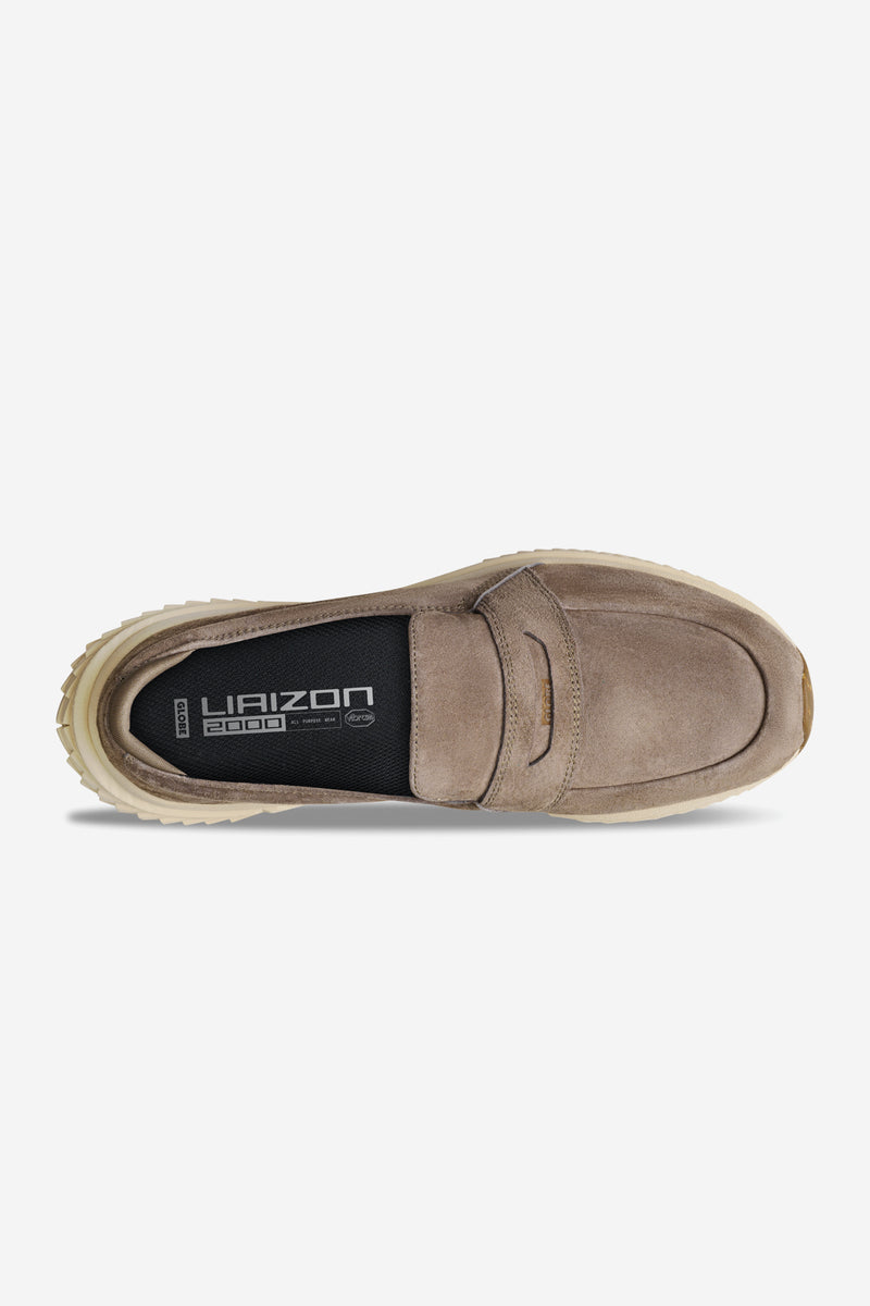 Liaizon Vibram Walnut suede loafer top view with beige sole and clean stitching