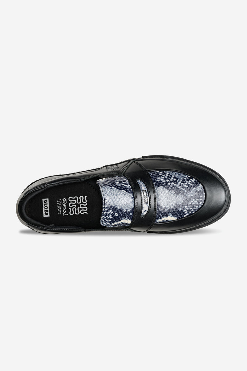 Top view of Liaizon Wasted Talent Black Snake slip-on showing snake patterned vamp and strap across the instep