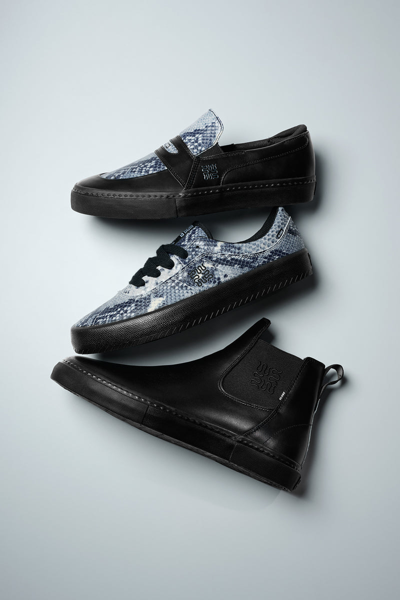 Liaizon Wasted Talent set featuring a black leather loafer with blue snakeskin panel, a blue snakeskin skate sneaker, and a black slip-on boot.