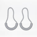 Two light grey zipper pulls with rubber half loops and light grey cord on a white background
